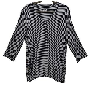 Chico's Black White Striped Pima Cotton V-Neck Top Gold Button Detail Size 3/XL